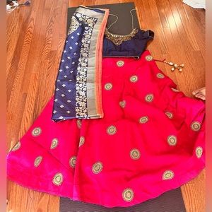 Dark pink and blue Indian lehenga
